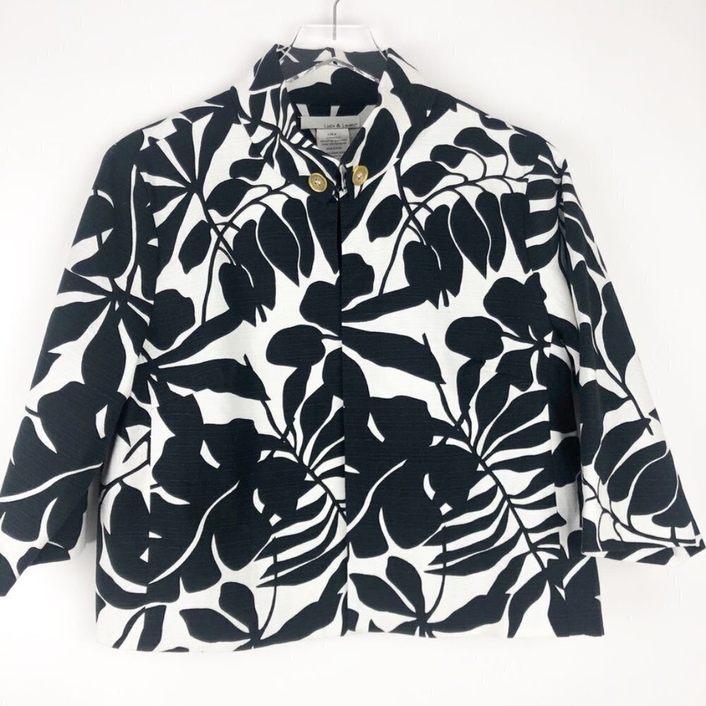Lucy & Laurel Trench Jacket Women's Size M Black White Foliage Leaf Print Retro